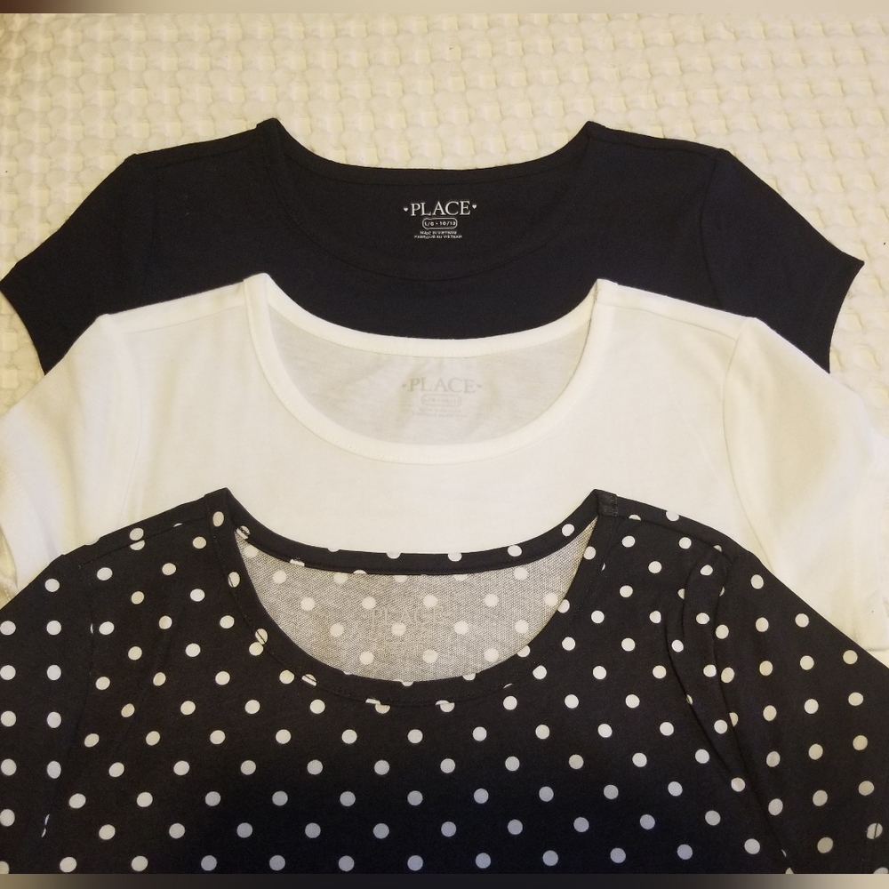 Girls 3-shirt set, size 10-12 Children's Place 100% cotton, black, white, dotted